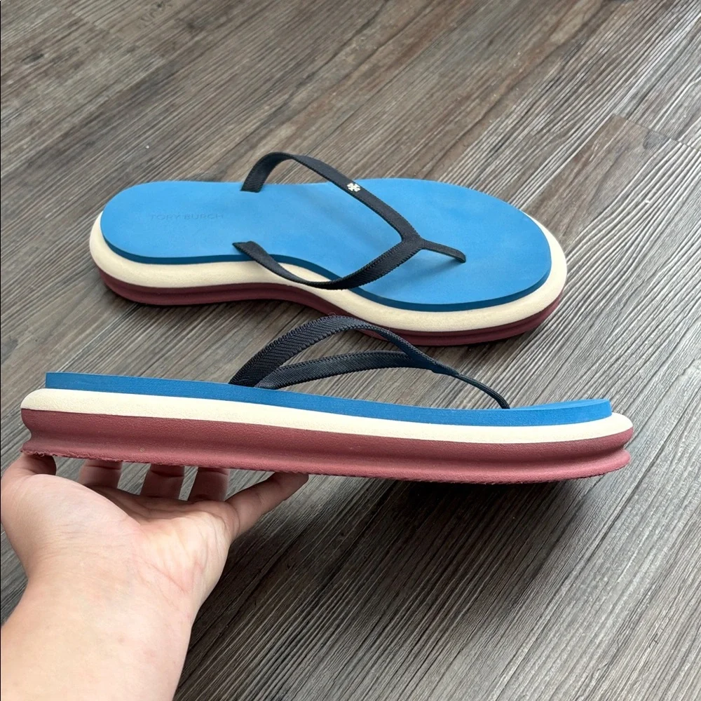 TORY BURCH LAYERED FLIP FLOP BLUE WOMENS 10